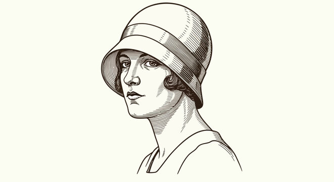 Elegant 1920s Flapper Woman Portrait in Cloche Hat - Vintage Retro Fashion Illustration of the Roaring Twenties