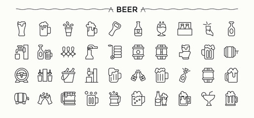 Beer line icon set. Thin outline icons pack. Editable stroke. Vector collection. Bar icon set. It contains symbols to drink, beverage, brewer, pub and more.