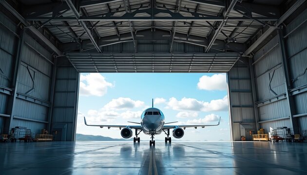 Modern jet airplane parked inside large hangar building, open doors reveal sky background. Aircraft waits for flight on tarmac, ready for travel.