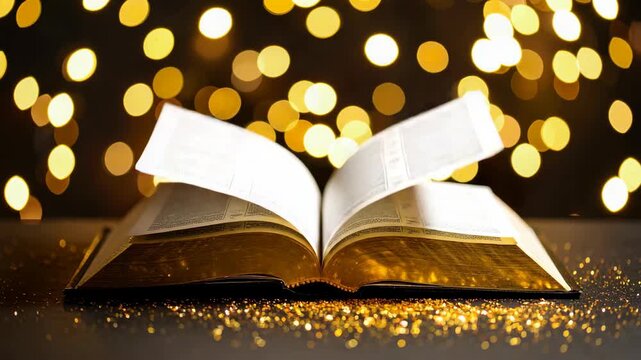 Open antique book with turning pages on golden glitter surface with warm bokeh light background