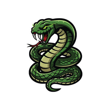 Green Snake Mascot Logo Design with Fangs and Tongue.