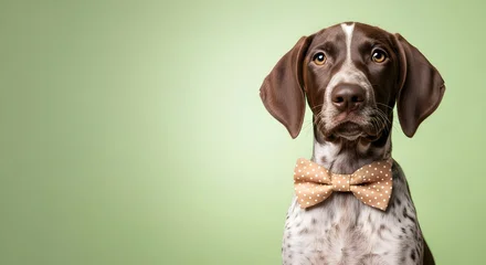 Fotobehang Dierenarts Portrait of an Adorable Dog With Bow Tie Against Soft Green Backdrop  © ArtSync Studio