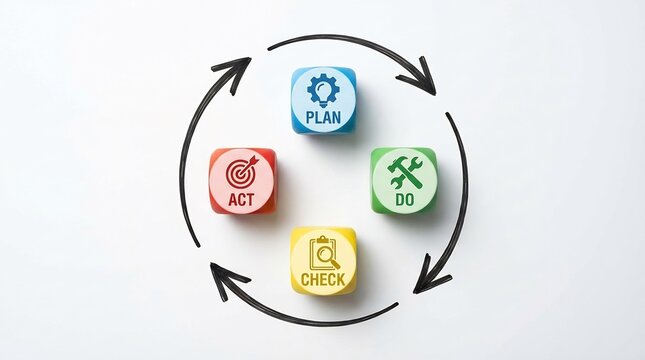 Four small, colorful, labeled dice showing Plan, Do, Check, and Act icons are arranged in a continuous circular arrow diagram signifying quality control.