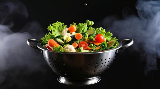 Fresh colorful vegetables falling into a metal colander with steam on a black background