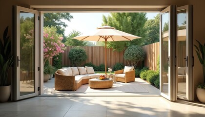 Fototapeta premium View from room through open bifold doors to sunlit patio, garden with rattan furniture, umbrella. Rich green plants, flowers create serene outdoor living space. Home interior connects seamlessly with