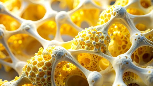 Microscopic view of yellow organic porous bone structure with complex lattice networking and cellular holes