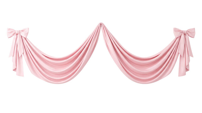 Elegant light pink satin silk drape valance with tied bows on a transparent background