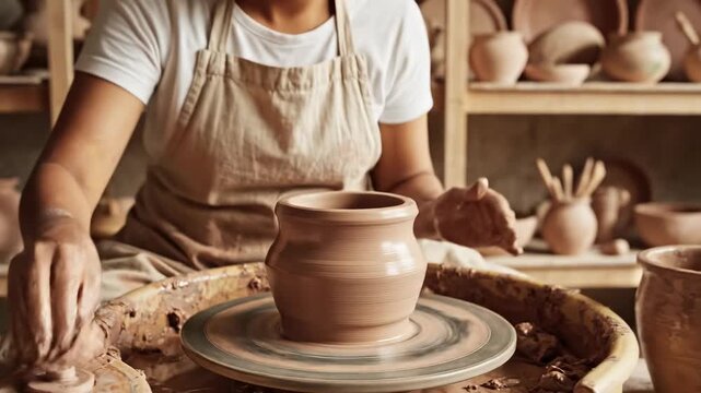 A potter shapes wet clay on a spinning wheel, creating a vase or pot with skilled hands