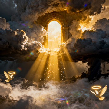 Heavenly Gate Opening with Radiant Divine Light, Angelic White Doves and Celestial Clouds
