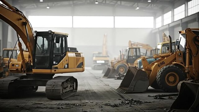 Heavy Machinery Fleet: Inside a spacious industrial garage, a collection of robust, yellow heavy machinery sits poised, ready for action, suggesting industry strength and construction potential. 