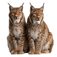 Obraz premium Twin Eurasian Lynx Wild Cats Sitting Isolated on Transparent Background High Resolution Wildlife Cutout