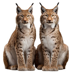 Fototapeta premium Twin Eurasian Lynx Wild Cats Sitting Isolated on Transparent Background High Resolution Wildlife Cutout