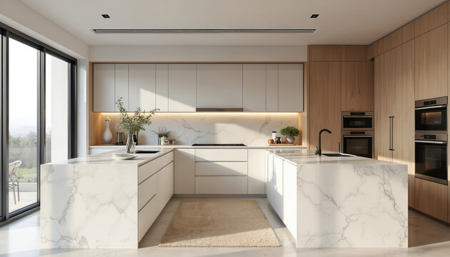 Modern kitchen with marble island, wood cabinetry. Sleek white cabinets feature integrated appliances, soft under-cabinet lighting. Spacious layout includes large glass doors opening to outdoor area.