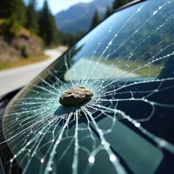 Stone rests on shattered car windshield. Cracked auto glass with spiderweb fractures from impact. Road trip danger, auto accident aftermath, risk on street.