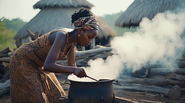 African woman stirring porridge in blackened pot over open fire in rural outdoor kitchen with smoke rising. Traditional cooking and nourishment concept