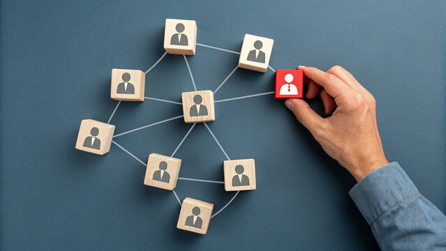 "A top-down, minimalist conceptual photograph on a solid grey background. Multiple small, circular wooden blocks are arranged in a connected network pattern, linked by thin white hand-drawn lines. Eac