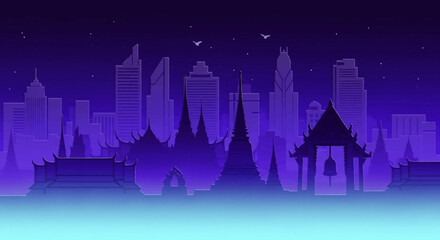 Silhouette of city skyline with temples and skyscrapers at dusk.