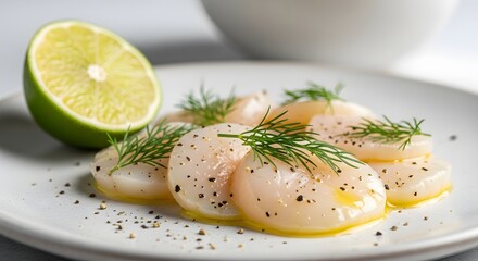 Delicious Fresh Scallops with Dill and Lime Prepared on White Plate with Close Up