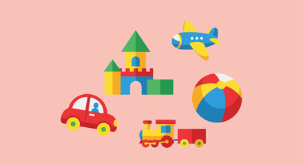 Fototapeta premium Colorful children's toys arranged on a pastel background.