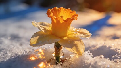 Narcissus (daffodil) flowers on the snow after a snowfall, sunlight reflecting on the melting snow crystals.