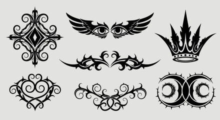 Collection of black decorative elements and ornaments on gray background.