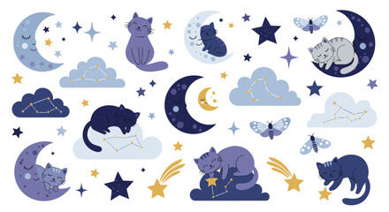 Naklejka premium Enchanting Celestial Nightscape Featuring Adorable Cats Amongst Stars Moons and Clouds