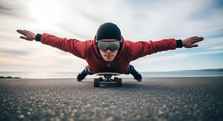 man skateboarding, flying pose, outdoor activity, asphalt road, sea background