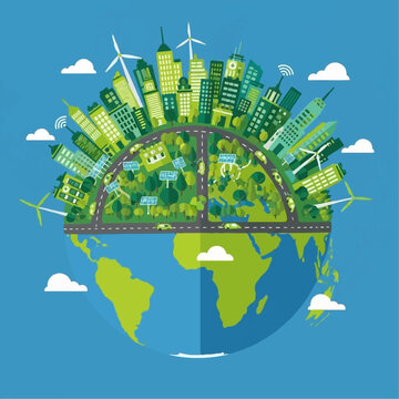Eco-friendly cityscape rests atop a half-sphere of the planet Earth, illustrating sustainable urban development powered by wind and solar energy.
