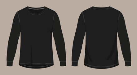 Naklejka premium Black long-sleeved shirt front and back view on beige background.