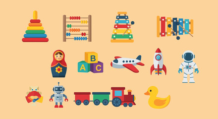 Obraz premium Colorful set of children's toys and educational materials.