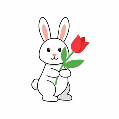Obraz premium Cute white cartoon bunny character gently holds a single bright red tulip flower in its paws against a clean white backdrop for springtime.