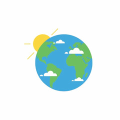 Naklejka premium Simple flat design illustration of the Earth globe showing continents with the rising sun and light clouds against a white background.