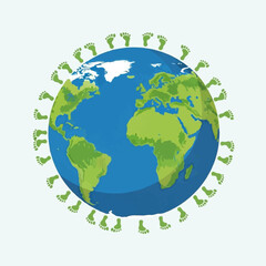 Naklejka premium A detailed illustration of the world map on a blue sphere is encircled by small green footprints, representing humanity's collective carbon.