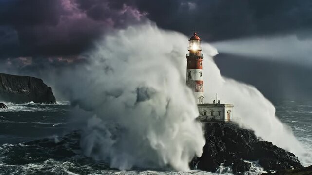 A red-and-white striped lighthouse stands resolute, waves crashing, lightning. Dramatic storm scene