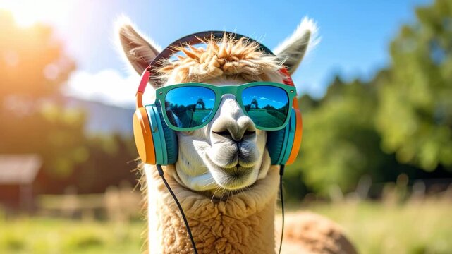Cute alpaca wearing colorful headphones and blue sunglasses outdoors in a sunny field on a bright summer day