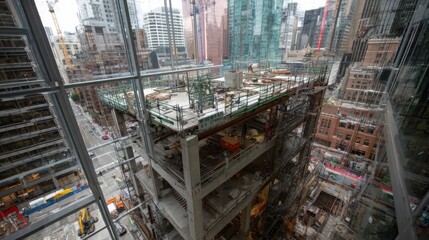 Fototapeta premium Construction site in the heart of a modern city, with buildings reaching towards the sky