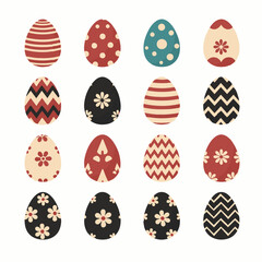 Collection of sixteen decorative Easter eggs adorned with distinct vintage patterns including stripes, dots, and floral motifs.