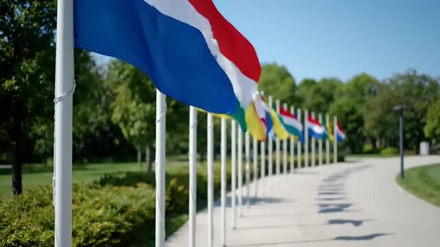 Row of International Flags Flying in the Breeze on a Sunny Day.