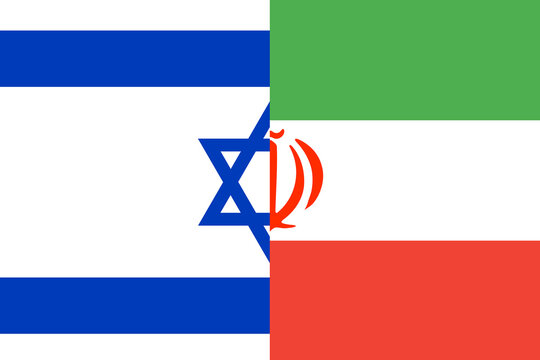 The flags of Israel and Iran are combined to highlight themes of military conflict, international tension, diplomatic negotiations