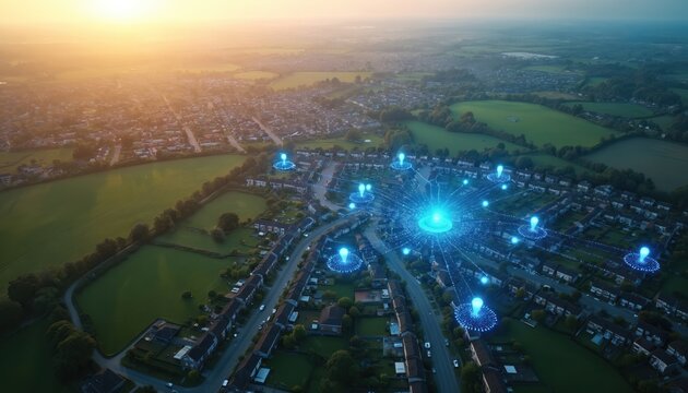 Aerial view of town shows connected glowing points representing network. Futuristic concept of data flow across residential area at sunrise. Technology spreads across suburbia.