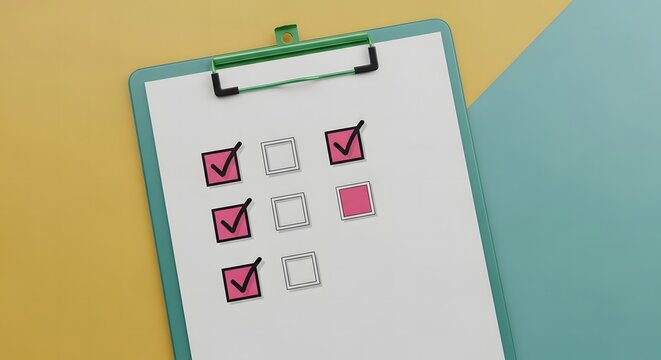 A clipboard with checkboxes marked on a colorful background