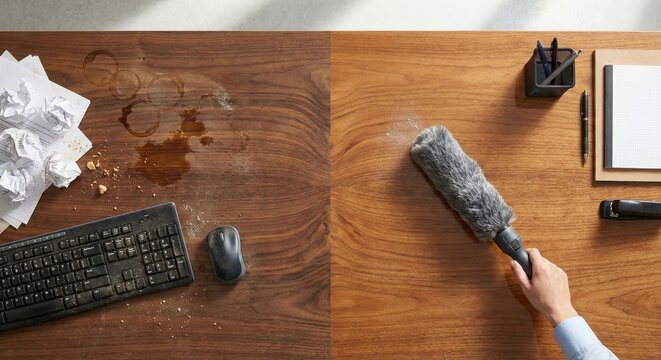 Before and After Cleaning a Messy Wooden Desk with Duster