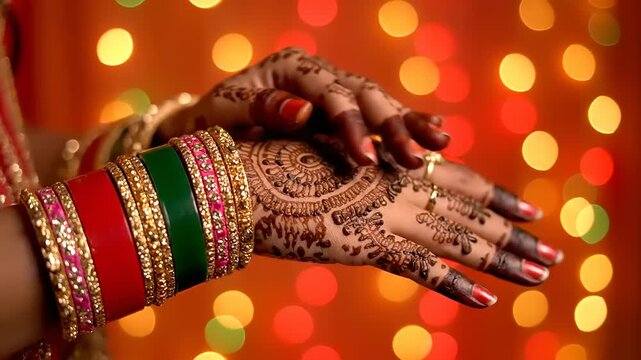 Indian bride adjusting bangles on her henna decorated hands in a traditional wedding ceremony with bokeh background, celebration, focus.