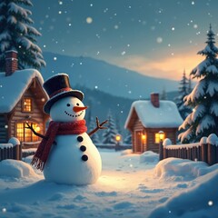 Obraz premium Snowman with red scarf and black hat stands in snow covered village at dusk. Cozy log cabins with warm lights glow. Gentle snowfall, festive winter atmosphere.