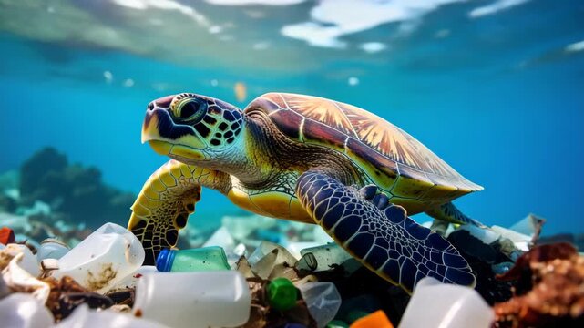 Green sea turtle swimming through layers of plastic waste and garbage on the ocean floor representing ecological crisis