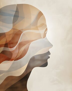 Vertical abstract female profile in warm earthy waves. Elegant beauty, natural skincare and minimalist luxury branding background.