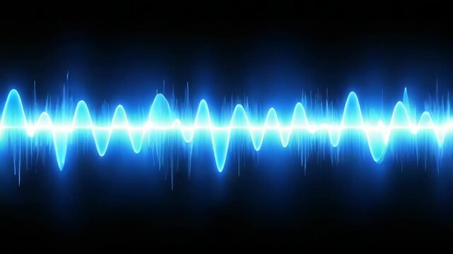 Glowing blue digital sound wave frequency equalizer on a dark black background representing audio technology