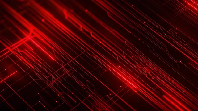 Futuristic red digital circuit board background with glowing data lines and grid patterns moving diagonally
