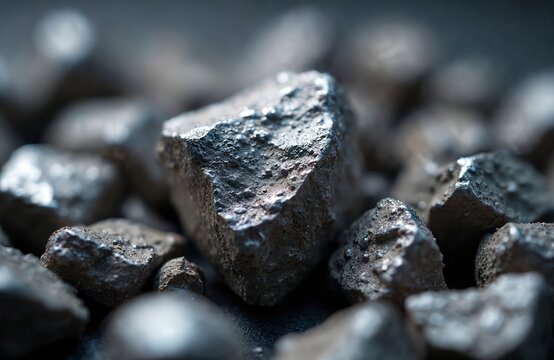 Raw tin ore chunks with metallic sheen. Jagged grey rocks show rough texture and natural formation. Industrial material for manufacturing and industry.