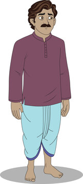  Indian Village Man Character in Purple Kurta and Blue Dhoti 2D Vector Illustration